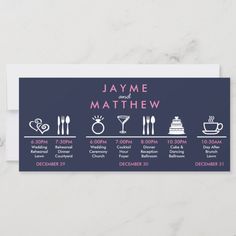 the wedding date card is shown in pink and blue, with different types of items on it