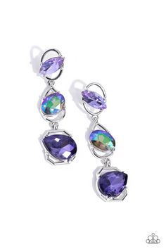 Linking together to create a geometric lure, a sleek silver oval, teardrop, and emerald-cut frame cascade down the ear. Slanted sideways in pronged settings across each frame, a dark purple teardrop, UV purple oval-cut gem, and light purple marquise-cut gem create a gorgeous pop of color against the thin edgy frames. Earring attaches to a standard post fitting. Sold as one pair of post earrings. Purple Gemstones, Dance Earrings, Purple Gems, Color Violeta, Gem Earrings, Party Necklace, Silver Frames, Purple Earrings, Purple Rhinestone