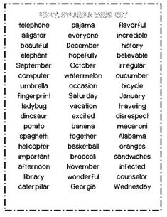 a printable word list with words that are in the same language and numbers on each page