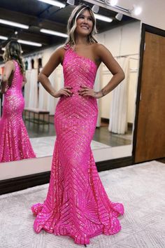 Hot Pink Mermaid One Shoulder Winter Formal Dress Red Long Prom Dress, Glitter Party Dress, Multicolor Sequins, Prom Dresses Long Pink, Sequin Prom Dress, Cute Prom Dresses, Floor Length Skirt, Trending Products, Mermaid Fashion