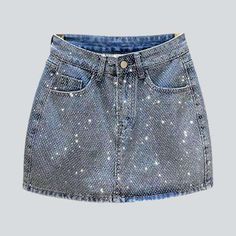 Crystal-embellished mini denim skirt Denim Skirts Online, Womens Denim Skirts, Mini Denim Skirt, Embellished Denim, Dressy Outfits, Look Chic, Denim Fabric, Fashion Sense, Unique Fashion