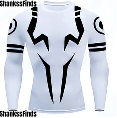 a white shirt with black lines on the chest and long sleeves that have horns painted on it