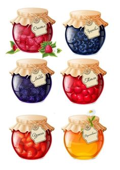 four jars filled with different types of berries and blueberries in each jar, one has a