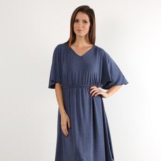 Solid, 3/4 Sleeve Maxi Dress In A Relaxed Style With A V-Neck, A Cinched Waist And A Hi-Lo Hem, Jersey, Rayon 95 % Spdx 5%. Made In Usa Denim Blue V-neck Beach Dress, Denim Blue V-neck Dress For Beach, Blue Denim V-neck Dress, Casual Washed Blue V-neck Dress, Casual Dark Wash V-neck Dress, Blue Bandage Dress, 1940s Fashion Dresses, One Sleeve Dress, Satin Wrap Dress