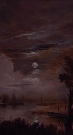 a painting of a boat on the water with a full moon in the sky above it