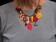 Recycled Charm Necklace, Mixed Media, Colorful, Found Objects, Statement Necklace, Illinois, Assemblage, Red, Yellow, Land of Lincoln - Etsy Unique Red Jewelry With Charms, Red Vintage Charm Necklace For Gift, Red Necklace With Vintage Charm For Gift, Red Necklace With Vintage Charm As A Gift, Unique Red Necklace For Collectors, Red Pendant Necklace With Vintage Charm, Bottle Cap Earrings, Chic Earrings, Found Objects