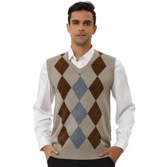 An essential choice for vintage style wearing. The simple argyle print design makes it easier to match your other clothes. The classic style and the nice soft fabric make this knitted sweater vest an on-trend essential. A good gift for families, friends, boyfriends, or husbands. Suitable for any occasion. Comfortable to wear with casual pants or suit pants. Fall Argyle Pattern V-neck Sweater Vest, Fall V-neck Argyle Sweater Vest, Fitted Argyle Sweater Vest For Winter, Fall Argyle Pattern Sleeveless Sweater Vest, Sleeveless Argyle Sweater Vest For Winter, Casual Argyle Pattern Vest For Fall, Argyle Pattern Sleeveless Vest For Winter, Casual Sleeveless Argyle Sweater Vest, Knitted Sweater Vest