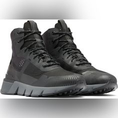 Sorel Men's Kinetic Rush Mid Waterproof Sneakers Size: 11.5 New Without Box Black Urban Waterproof Boots For Outdoor, Black Sporty Sneakers For Outdoor Work, Urban Style Black Waterproof Boots For Outdoor, Black Sneakers With Vibram Sole For Outdoor Work, Waterproof Black Sneakers For Outdoor Work, Modern Sneakers For Winter Outdoor Activities, Winter Outdoor Work Sneakers With Vibram Sole, Modern Black Waterproof Boots For Outdoor, Black Fade-resistant Hiking Boots For Streetwear