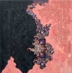 an intricately designed piece of art with black and pink colors