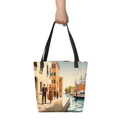 Stay stylish and organized on the go with our spacious tote bag, now with FREE SHIPPING to the US, Canada, EU, and UK! The artwork This artwork depicts a serene scene of Venice, the city of canals and romance. The painting portrays the traditional Venetian architecture in warm hues, contrasted by the clear blue sky and the calm water. The elegant figures, dressed in vintage attire, evoke a sense of nostalgia and charm. The tote bag This tote bag is both trendy and practical and is perfect for ca Artistic Rectangular Shoulder Bag For Travel, Artistic Large Capacity Shoulder Bag For Travel, Artistic Shoulder Bag For Travel, Artistic Tote Shoulder Bag For Travel, Vintage Attire, Venice Canals, Clear Blue Sky, Calm Water, Venice