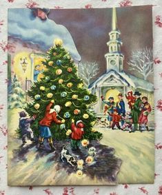 an old fashioned christmas card with children decorating the tree in front of a church