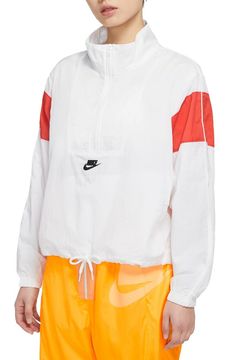 Item: Womens Nike Sportswear Heritage Woven Jacket - Loose Fit Size: Small Color: White with red Style number: CJ2361-100 Details: adjustable string on bottom, 1/2 zip, pockets Material: 100% nylon outter, mesh inner Measurements: Width- 24.5". Length- 23" **all measurements are approximate Message me with any questions Women's Sportswear, Woven Jacket, Woman Weaving, Womens Nike, Red Style, Sportswear Women, Red Fashion, Nike Sportswear, Nike Women