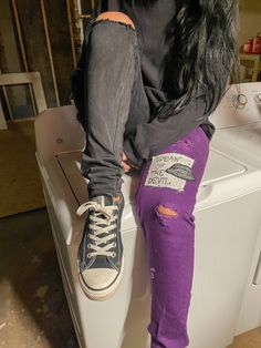 "Size 11 Purple & Black Split Dye Royal Bones Brand Jeans - 97% Cotton, 3% Spandex  *Hand Wash Only*  These split dyed purple and black stretch skinny jeans are punk rock royalty. They've been patiently upcycled to include a handcrafted cloth patch reading \"speak of the devil\" affixed next to a patch that features zipped lips. They have been hand distressed and feature a decorative alt style XL safety pin with crescent moon and gothic cross charms. We are obsessed with these pants. Inquire for Diy Punk Clothes, Dyed Jeans, Punk Jeans, Punk Rock Grunge, Split Dye, Reworked Clothing, Alt Clothes, Dye Jeans, Gothic Cross