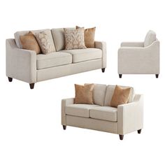 three pieces of furniture including a couch, loveseat and chair with decorative pillows