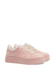 Designer Gucci Platform Sneakers With Round Toe, Gucci Designer Platform Sneakers With Round Toe, Gucci Leather Low-top Platform Sneakers, Gucci Low-top Platform Sneakers With Branded Insole, Gucci Leather Platform Sneakers, Casual Gucci Platform Sneakers With Round Toe, Pink Leather Low-top Platform Sneakers, Pink Leather Platform Sneakers With Rubber Sole, Pink Leather Platform Sneakers For Streetwear