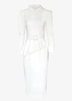 Wedding dress made UPON REQUEST (*) from the Ready to Love collection.




Wedding dress made to order. 

Midi cut and straight skirt.

Closed neckline with shirt collar.

long sleeves

Back with invisible zip and lined covered buttons.

Belted framed waist and asymmetrical peplum.

Made in white crepe.


Composition: 75% PES, 25% TA. 












Size

US

UK



Bust

(cm)*






Waist

(cm)*






Hip

(cm)*






Back

(cm)*












 

XS

34-36

6-8

84

64

90

35






S

36-38

8-10 Elegant Fitted Peplum Dress, Chic Fitted Long Sleeve Dress For Semi-formal Occasions, Elegant Fitted Long Sleeve Formal Dress, Elegant Fitted Long Sleeve Dress For Formal Occasions, Fitted Peplum Wedding Dress, Wedding Long Sleeve Dress With Fitted Bodice, Elegant White Long Sleeve Evening Dress, Fitted Peplum Midi Dress For Formal Occasions, Chic Fitted Long Sleeve Wedding Dress