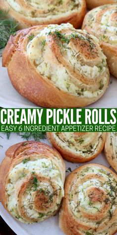 creamy pickle rolls on a plate with text overlay that reads, creamy pickle rolls easy and ingredient appetizer recipe