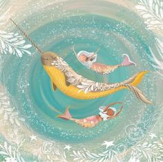 two mermaids swimming in the water with fish