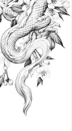 a black and white drawing of a dragon with flowers on it's back side