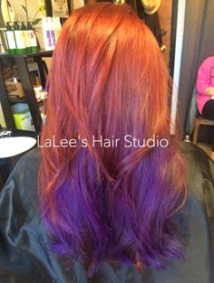 Purple And Ginger Hair, Ginger And Purple Hair, Orange Purple Hair, Orange And Purple Hair, Red Purple Hair, Purple Hair Highlights, Red Orange Hair, Vivid Hair, Sunset Hair