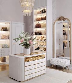 a white closet filled with lots of shoes and bags next to a mirror on the wall