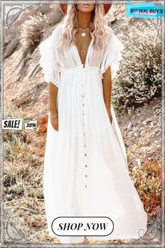 Solid Buttoned Waist Cord Maxi Dress White A-line Maxi Dress With Buttons, Casual White Maxi Dress With Buttons, White Maxi Dress With Buttons For Spring, Summer Beach Maxi Dress With Buttons, White Maxi Dress With Buttons, Flowy Buttoned Midi Dress For Summer, White Buttoned Maxi Dress For Brunch, Flowy Midi Dress With Buttons For Summer, Flowy Short Sleeve Maxi Dress With Buttons