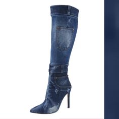 New In Original Box Denim Distressed Boots Zipper Closure Mid Calf Pointy Toe Heel About 3.5” Distressed Boots, Pointy Toe Heels, Denim Boots, High Heel Boots Ankle, Denim Outfit, High Heel Boots, Mid Calf, Rain Boots, Original Box