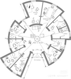 the floor plan for an office with four separate rooms and three different areas to each other