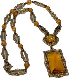 Vintage Amber Beaded Necklace, Vintage Amber Glass Necklaces, Gold Czech Glass Pendant Necklace, Antique Gold Beaded Chain Necklace, Vintage Yellow Beaded Chain Jewelry, Vintage Yellow Jewelry With Beaded Chain, Vintage Glass Beaded Chain Jewelry, Vintage Glass Jewelry With Beaded Chain, Gold Czech Glass Costume Necklace