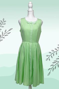 Samantha in Nile Green will add some cheer and positive energy to your wardrobe. Reminiscent of the 1960's color palettes of soft light green with white trim detail on the bow and center front makes this darling dress perfect for casual everyday wear. Features pleated circle skirt with hidden side seam pockets. Don't forget to add a crinoline underneath for that true-to-vintage look! PRODUCT DETAILS: Scoop neckline with bow detail Sleeveless Pleated circle dress Pockets Fabric has no stretch Eas Pleated Circle Skirt, Dress Pockets, Circle Dress, Darling Dress, White Trim, Trim Detail, Circle Skirt, Pocket Dress, Casual Everyday