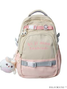 BagForLove - Classic Medium Backpack with Letter Graphic and Bag Charm for School Cute Large Capacity Nylon Backpack, Cute Everyday Nylon Backpack, Cute Nylon Backpack For Daily Use, Beige Nylon School Bags, Beige Nylon Bags For School, Cute Nylon Rectangular Backpack, Cute Rectangular Nylon Backpack, Cute Nylon Bags For Back To School, Cute Nylon Bags For Everyday Use