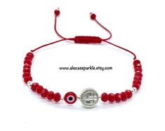 This beautifully handmade bracelet is made of medium (4mm) red crystal rondelle beads, small silver colored beads with a silver St. Benedict charm in the middle and a flat evil eye glass bead. The bracelet is made with thread string with a sliding knot to adjust to the majority of the wrist sizes. These are a great accessory for everyday wear. This bracelet is beautifully made and is also great for spiritual protection purposes. The purpose of using the Saint Benedict medal is to call on God's b Adjustable Spiritual Rosary Bracelet With Silver Beads, Adjustable Silver Beads Spiritual Rosary Bracelet, Adjustable Red Sterling Silver Beaded Bracelets, Red Adjustable Sterling Silver Beaded Bracelets, Silver Spiritual Evil Eye Bracelet With Round Beads, Adjustable Red Crystal Bracelet With Spacer Beads, Silver Evil Eye Bracelet With 8mm Beads As Gift, Spiritual Red Bracelets With Silver Beads, Spiritual Red Crystal Bracelet With Faceted Beads