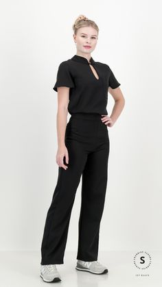 Our most versatile set yet. This set is not just a uniform; it's a wardrobe essential. Mix and match the Kyoto Mandarin Collar Top and Wide Leg Pants with other pieces in your closet to create a variety of looks. Whether you're in the office, attending meetings, in the hospital or exploring the city, this set adapts to your every move. Clinic Manager Outfit, Esthetician Uniform Fashion, How To Dress Up Scrubs, Massage Therapist Uniform Ideas, Scrubs Uniform Aesthetic, Massage Therapist Outfit, Cute Nurse Outfits, Office Uniform For Women, Scrubs Uniform Cute