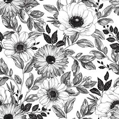 black and white floral wallpaper with large flowers on the side, in an elegant style