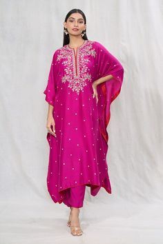 Buy Magenta Dupion Silk Embroidered Floral Sequin Kaftan With Pant For Women by Anushree Reddy Online at Aza Fashions. Embellished Chanderi Kurta With Traditional Drape, Eid Embellished Salwar Kameez In Art Silk, Eid Embellished Art Silk Salwar Kameez, Anarkali Gota Work Kaftan For Wedding, Navratri Embellished Salwar Kameez, Bollywood Style Wedding Kaftan With Gota Work, Embellished Silk Kurta For Festivals, Unstitched Kaftan For Wedding Festivities, Bollywood Style Kaftan With Gota Work For Diwali