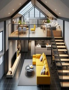 a living room filled with furniture next to a stair case in a loft style home