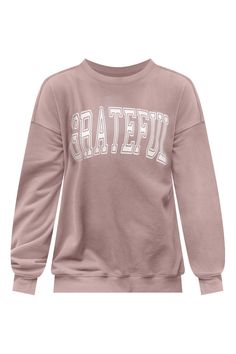 Details Brown oversized crewneck with grateful script Relaxed fit, runs slightly oversized Crew neckline, long sleeves Size small from shoulder to hem: 26" Material and Care Pink Lily Exclusive Sweatshirt 57% Cotton/43% Polyester Hand wash cold, no drum drying Patterns may vary Materials may have natural variations Colors may vary from different viewing device PLEASE NOTE: You may notice some off-white residue or slight discoloration when you first receive your shirt. Please do not worry! This c Pink Crew Neck Activewear With Graphic Print, Pink Graphic Print Activewear With Crew Neck, Cute Ribbed Cuffs Tops For Loungewear, Cute Loungewear Tops With Ribbed Cuffs, Cute Tops For Loungewear With Ribbed Cuffs, Cute Tops With Ribbed Cuffs For Loungewear, Cozy Letter Print Tops For Spring, Cute Relaxed Fit Tops With Ribbed Cuffs, Pink Fall Activewear With Ribbed Cuffs