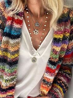 Casual Color Block Sweater Knit Cardigan 2020s Fashion, Slim Cardigan, Sweater And Jeans, Rainbow Cardigan, Pocket Sweater, Colored Cardigans, Cardigan Sweater Coat, Long Sweaters Cardigan, Casual Stripes