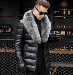 Men Warm Fox Fur Collar Leather Coat 90% Duck Down Jacket Thick Winter Outdoor | eBay Winter Coats For Men Lightinthebox, Mens Fur Coat, Men Parka, Fur Collar Coat, Mens Fur, Winter Outwear, Duck Down Jacket, Real Leather Jacket, Jackets Men Fashion