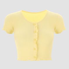 Cider Pastel Yellow Short Sleeve Crop Top Slim Fit, Crewneck Ruffle Design With Buttons 95% Polyester 5% Spandex New With Tags Size Large (Runs Small) Yellow Blue Outfit, Hiraya Manawari, Yellow Ruffle Top, Mila Mikhailov, Pastel Crop Top, Color Practice, Rosabella Beauty, Disney Fits, Yellow Aesthetic Pastel