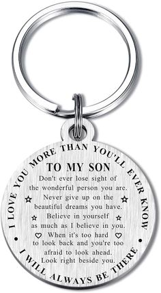 a keychain with the words to my son on it and an engraved message