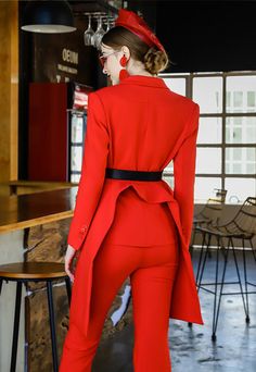 High end designer long-sleeved red pants suit two-piece suit set - Atta