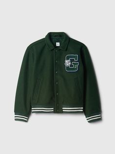 Kids Varsity Jacket | Gap Clyde Donovan, University Jacket, Green Varsity Jacket, Jumper Short, Support People, Gender Equality, Gap Kids, Boys Coat, Black Wrap Dress