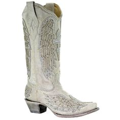 Just when we thought the Wing and Cross design by Corral Boots couldn't get any sweeter... they add Glitter! These bone colored leather boots are a must have for any western boot collector. With shiny silver studs and tons of sparkle, you'll want to wear them during every Season with your favorite denim or fun sundress. And of course, we see the Corral Glitter Cross and Wings White cowgirl boots walking down the aisle for any country wedding. Say I do to these boots! Size: 6.  Gender: female.  A White Lace Tops, Sparkle Boots, Cowboy Jeans, Botas Western, Wing Boots, Wedding Boots, Corral Boots, Boot Brands, Round Toe Heels