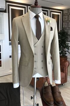 Beige Notch Lapel Blazer For Groom, Beige Blazer For Groom, Beige Notch Lapel Tuxedo For Wedding, Beige Notch Lapel Three-piece Suit For Wedding, Beige Notch Lapel Three-piece Wedding Suit, Fitted Wedding Suit And Tie Accessories With Notch Lapel, Elegant Fitted Beige Three-piece Suit, Beige Tuxedo Suit For Wedding, Beige Tuxedo Blazer For Groom