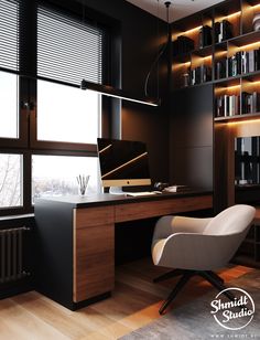 an office with a desk, chair and bookshelf in the background is lit by windows