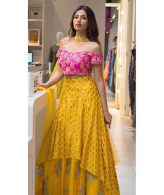 Wonderful Yellow Silk Off Shoulder Lehenga Choli Off Shoulder Lehenga, Function Dresses, Mehendi Outfits, Indian Outfits Lehenga, Lehnga Dress, Lehenga Blouse Designs, Choli Designs, Indian Gowns Dresses, Indian Lehenga