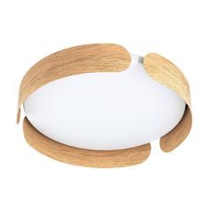 a white light with wood trim around it on a white wall mounted ceiling fixture that is shaped like a fish