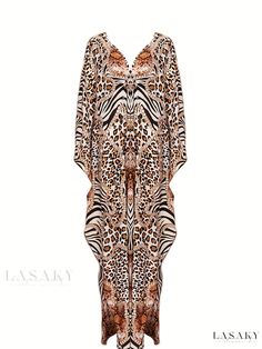 Lasaky - Boho Style Animal Print Cover Up Dress, Featuring V Neck and Loose Fit, Ideal for Beachwear and Womens Swimwear & Clothing Bohemian Leopard Print Beach Dress, Leopard Print Vacation Dresses, Leopard Print V-neck Beach Dress, Leopard Print Summer Vacation Dresses, Summer Vacation Leopard Print Dresses, Summer Beach Maxi Dress In Leopard Print, Summer Leopard Print Beach Maxi Dress, Leopard Print Maxi Dress For Beach, Bohemian Leopard Print Vacation Dress