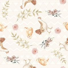 a wallpaper pattern with birds and flowers on the back ground in pastel colors